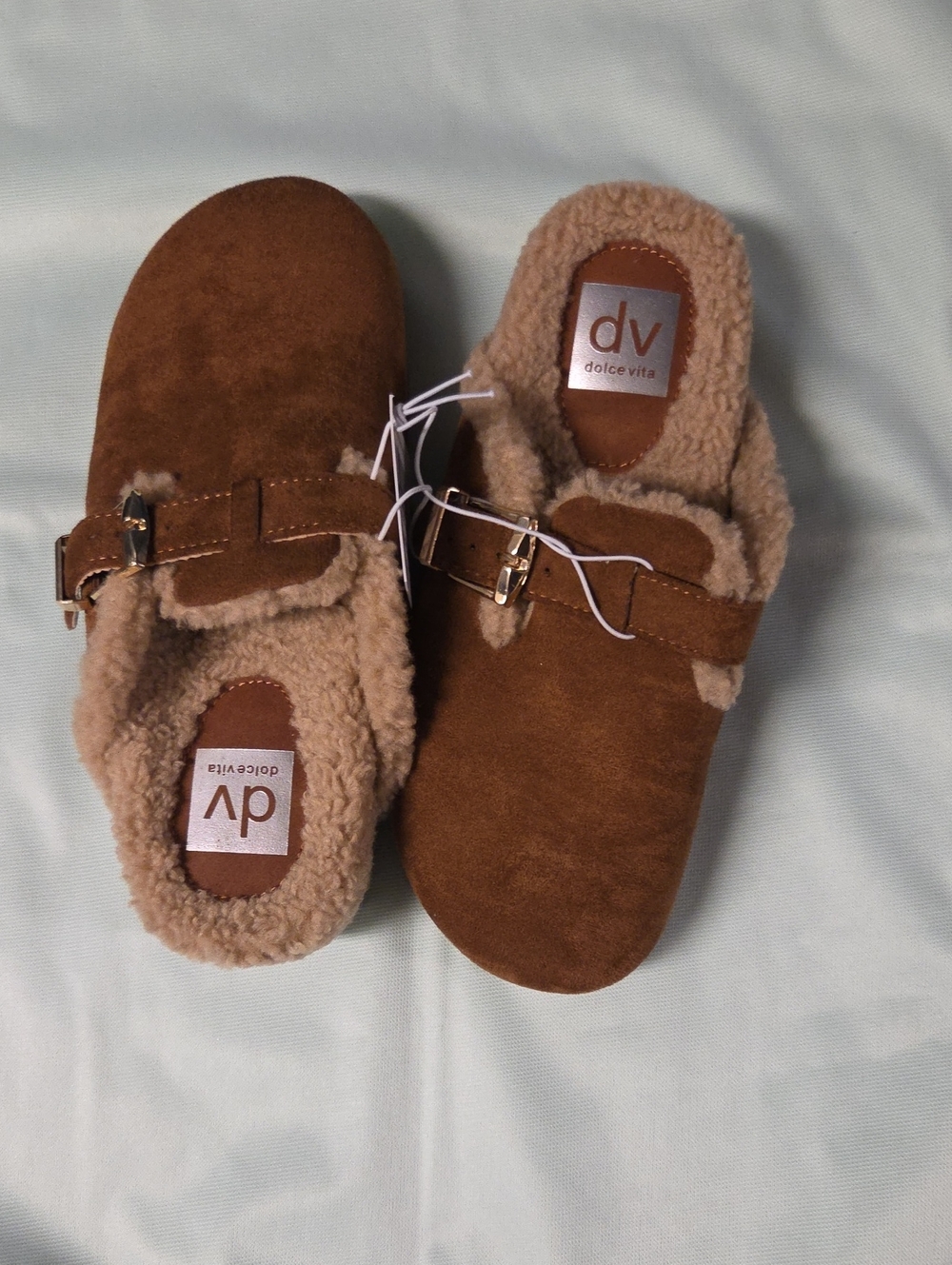 Dolce Vita Tan Suede-Look Faux Fur Clog Slides with Gold Buckle